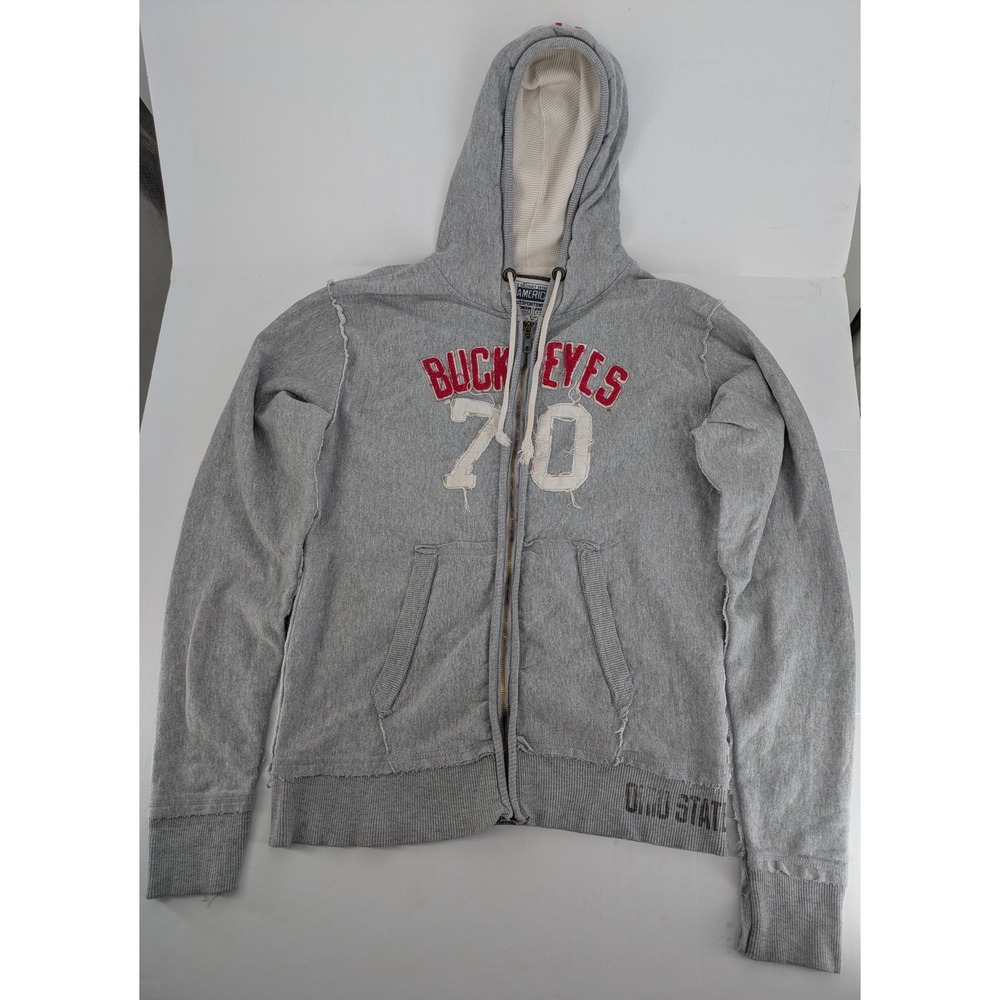 J America Ohio State Buckeyes Hoodie Men XL Gray Distressed Full Zip Embroidered